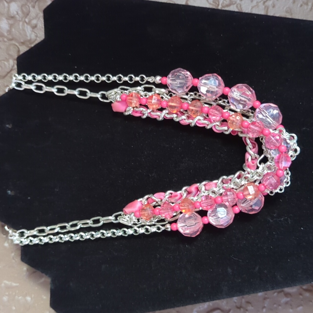 Beaded Choker Necklace pink& silver